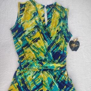 Apple Bottoms Multicolor Abstract Sleeveless Romper - Yellow Teal Navy